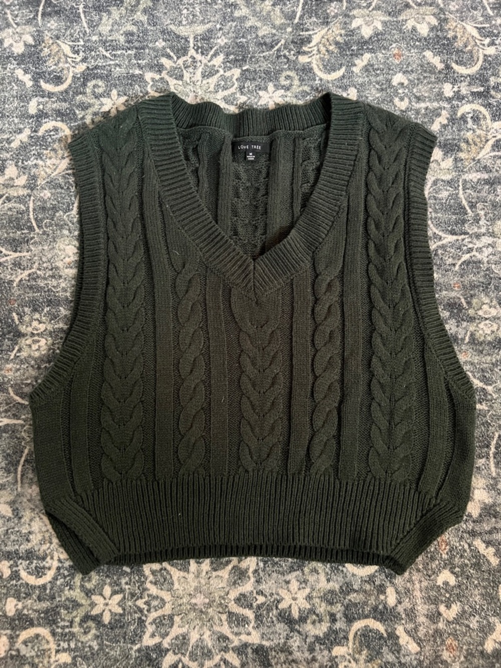 Love Tree Dark Olive Cable Knit V-Neck Sweater Vest